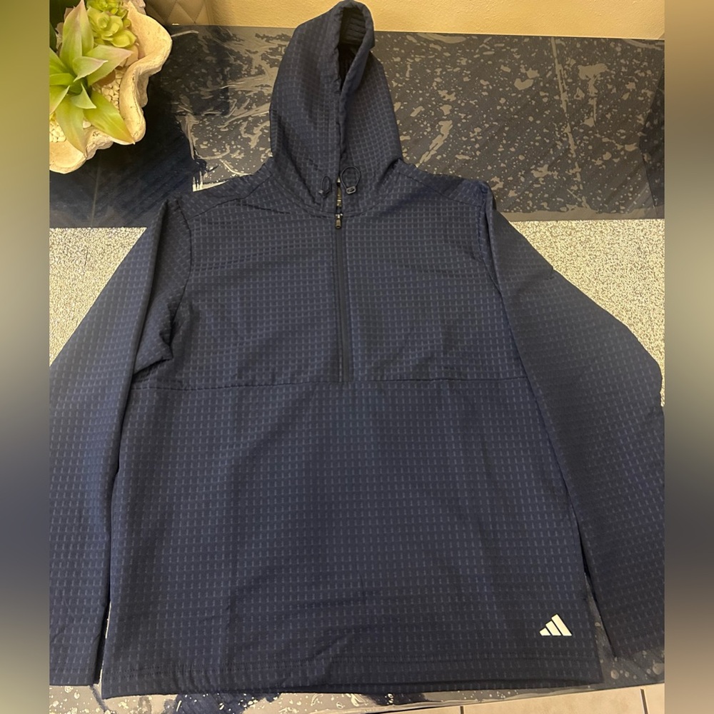 Adidas Men's Woven Half-Zip Hooded Windbreaker Jacket Navy Blue Waffle Size L